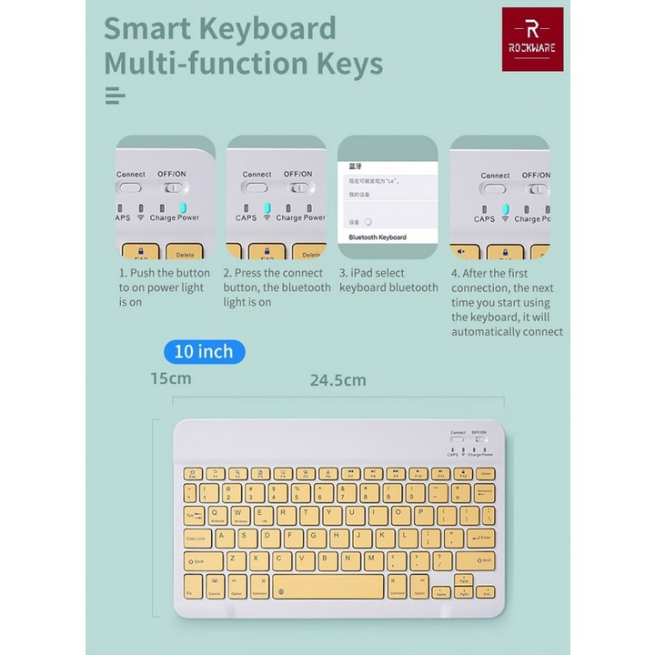 66 ROCKWARE CS030 - Universal Colourful Slim Bluetooth Keyboard 10 inch