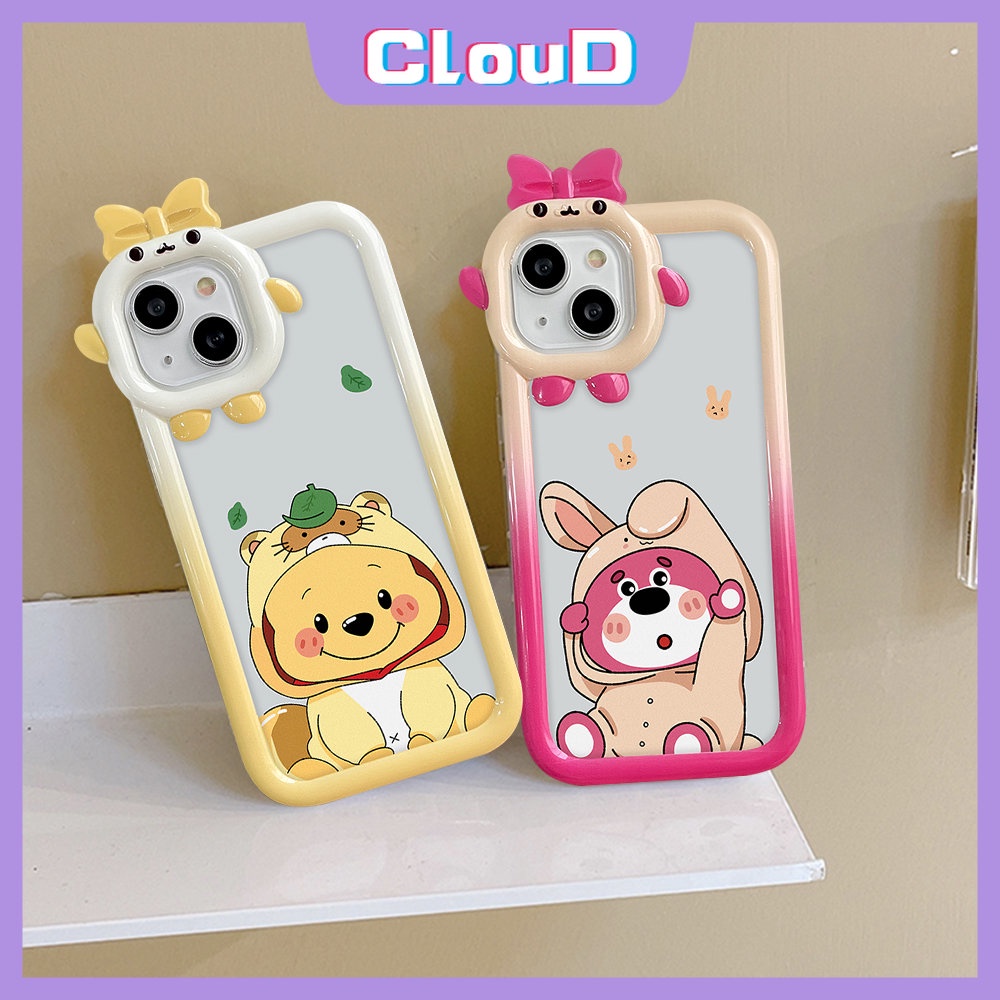 Casing Manyo Beruang Strawberry Lucu Kompatibel Untuk iPhone 7Plus 11 13 12 14 Pro Max XR 7 6s 14 8 6 Plus X XS Max SE 2020 Winnie The Pooh 3D Bow-knot Little Monster Lens Soft Cover