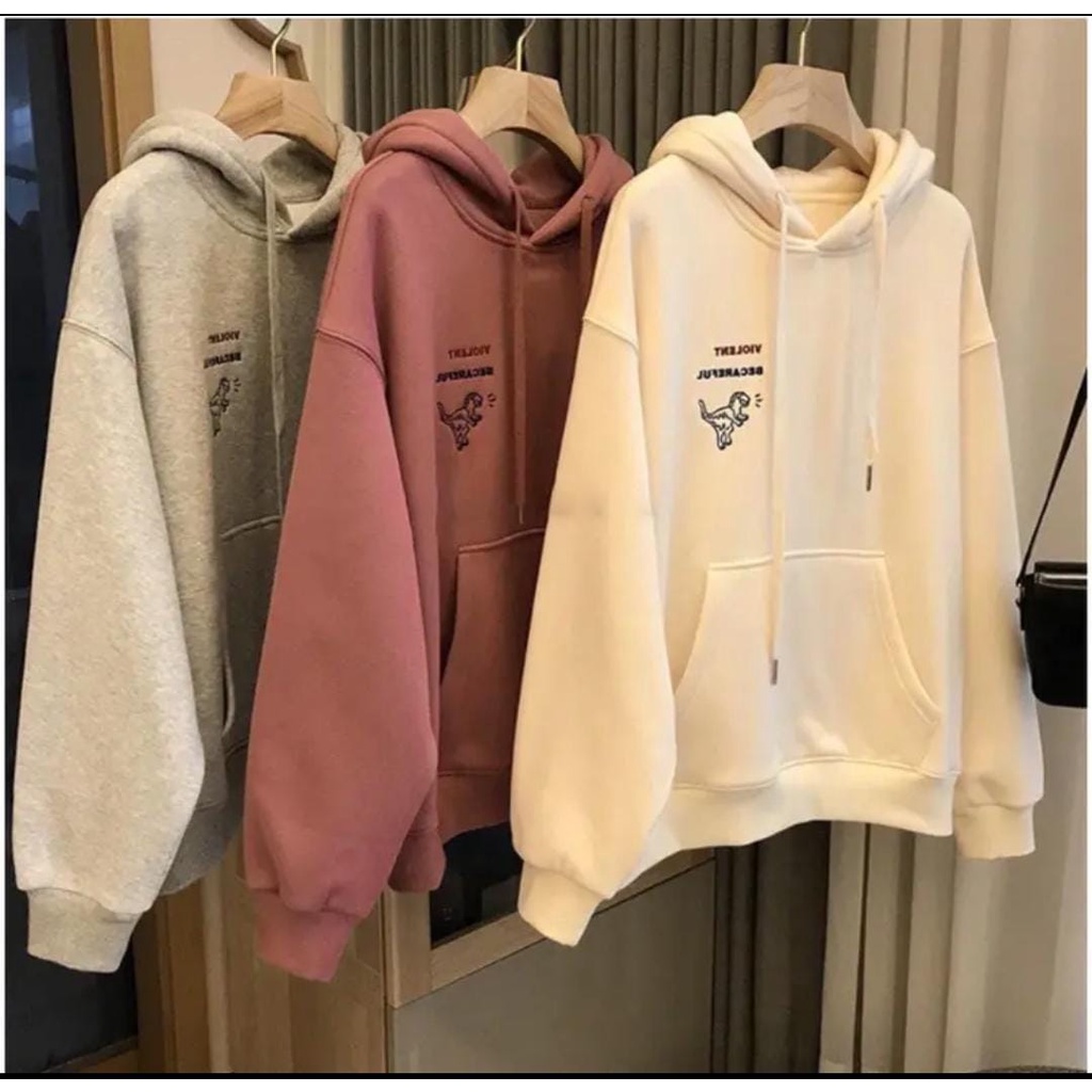 BE CAREFULL DINOS BORDIR OVERSIZE HOODIE SWEATER WANITA PRIA ONE SIZE FIT XL KOREAN STYLE  - HOODIE ATASAN TEBAL PREMIUM