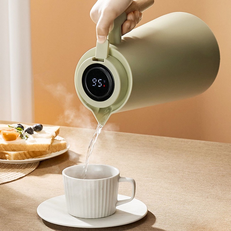 Coffee Pot Botol Termos Kaca Vakum / Jug Insulasi Scandinavian Dengan Gagang Kayu Panci Termos Tampilan Digital Cerdas 1L