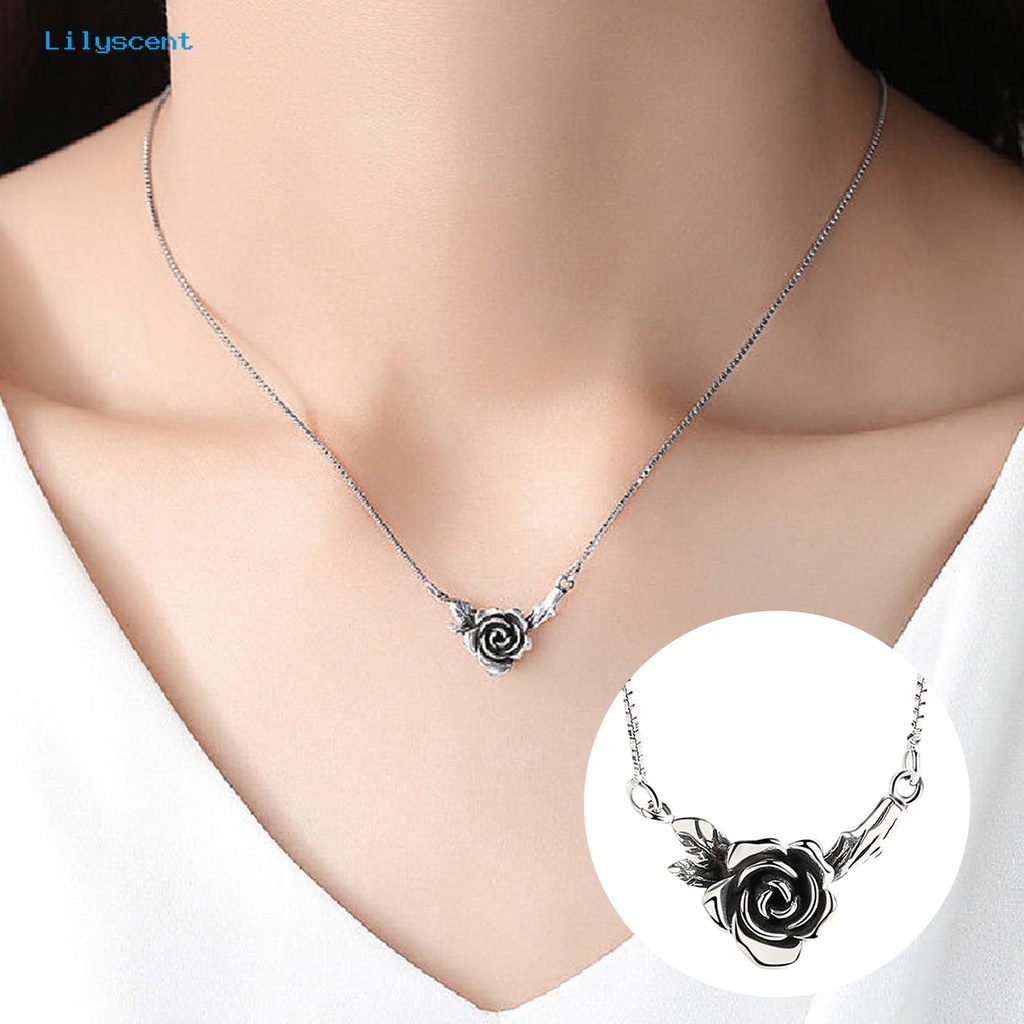 [LS] Wanita Kalung Vintage Bunga Hitam Rose Stainless Desain Lama Leher Dekorasi Warna Perak Tepi Halus Rose Liontin Kalung Pesta Perhiasan