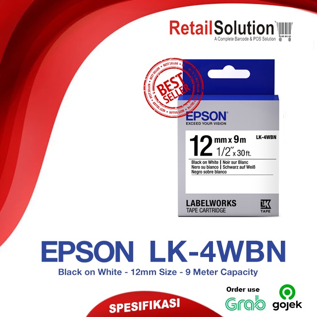 EPSON Labelworks Tape Cartridge LK-4WBN LK4WBN 12mm x 9m Black on White