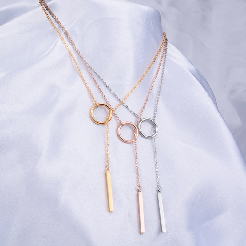 Kalung Bentuk Bulat Geometris | Kalung Rantai Klavikula Dapat Ditarik | Rose Gold 18k | Sendok Garpu Bahan Stainless Steel | Aksesoris Rambut Untuk Wanita