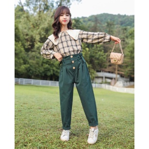 6-14 thn Setelan kemeja katun kotak-kotak lengan panjang celana panjang kain anak perempuan import