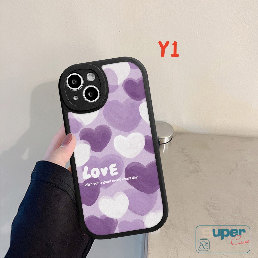 IPHONE Penutup Belakang Lukisan Minyak Kompatibel Untuk Iphone11 14 13 12 Pro MAX XR X XS MAX 6 6s 8 7 14 Plus SE 2020 Ungu Cinta Hati Case Blok Warna Soft Silicon TPU Phone Case