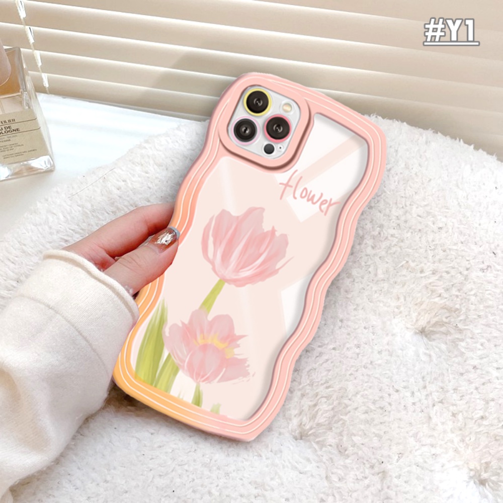 IPHONE Case Fashion Kompatibel Untuk Iphone11 13 14 13 Pro MAX IPhone7 8plus 6s Plus XR 14 Plus XS MAX SE Wavy Edge Lukisan Minyak Bunga Cinta Hati Kelinci Bening TPU Soft Cover BY