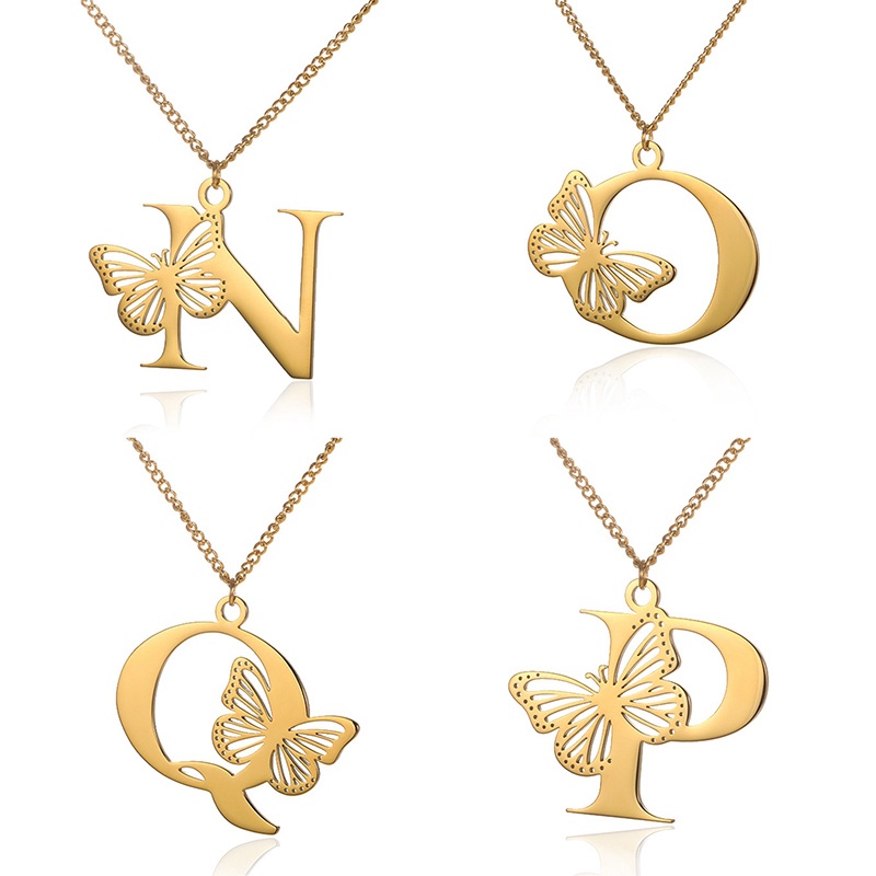 Kalung Huruf Kupu-Kupu Besar Dainty Warna Emas Untuk Wanita Gadis Perhiasan Rantai Stainless Steel Kalung Liontin Inisial