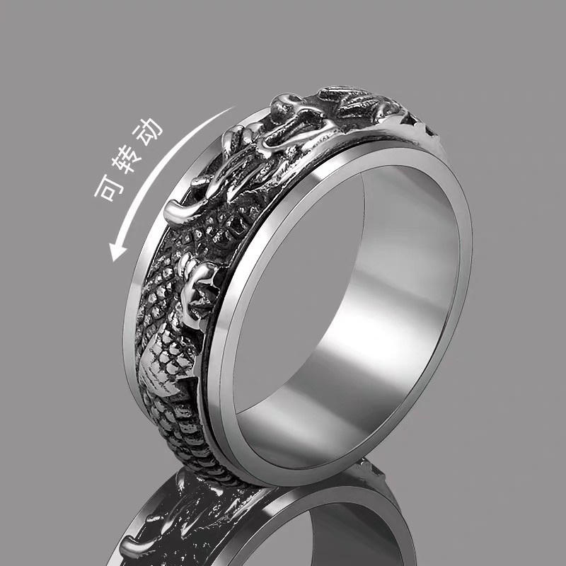 Cincin Bump Ring Dapat Diputar | Cincin Bahan Titanium Steel Desain Naga Terbang |  Cincin Bahan Stainless Steel Untuk Perhiasan