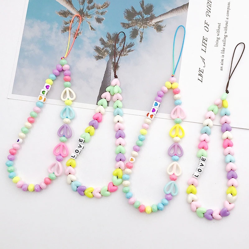 Universal DIY Aksesoris Warna Macaron Handmade Heart Beads Chain Untuk iPhone Android OPPO VIVO Huawei Xiaomi Redmi Samsung Semua Ponsel Earphone Cases