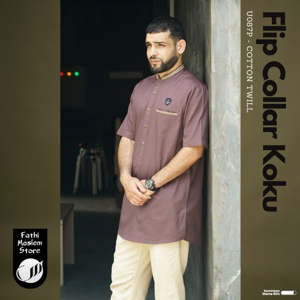 SAMASE U087P Flip Collar Koku Koko Kurta Pria Muslim Lengan Pendek