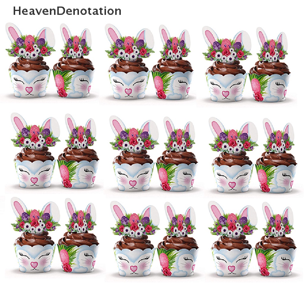 [HeavenDenotation] 24pcs/set Lovely Rabbit Cake Insert Card Wrapper Pesta Paskah Bunny Cake Topper HDV