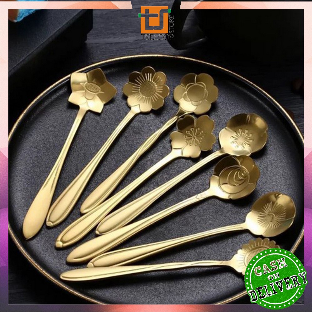 OFM-C766 Sendok Korea Teh Kopi Kecil Stainless Steel Motif Love Elegant Warna Gold / Sendok Bunga Emas Spoon Dessert Import