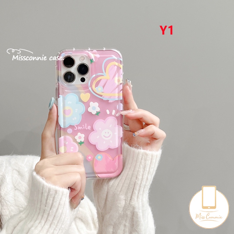 Cinta Hati Soft Phone Case Kompatibel Untuk IPhone 7Plus 13 11 14 12 Pro Max X XR XS Max 8 7 6s 6 Plus SE 2020 Bunga Smiley Lucu Shockproof Airbag Silicon Back Cover