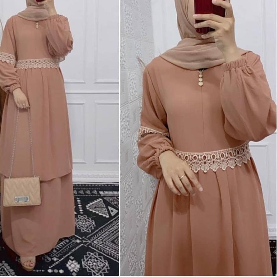➺ Gamis Ceruty Babydoll Renda / Gamis Malaysia Kombinasi Renda / Dress Malaysia Terbaru / Denada ✽