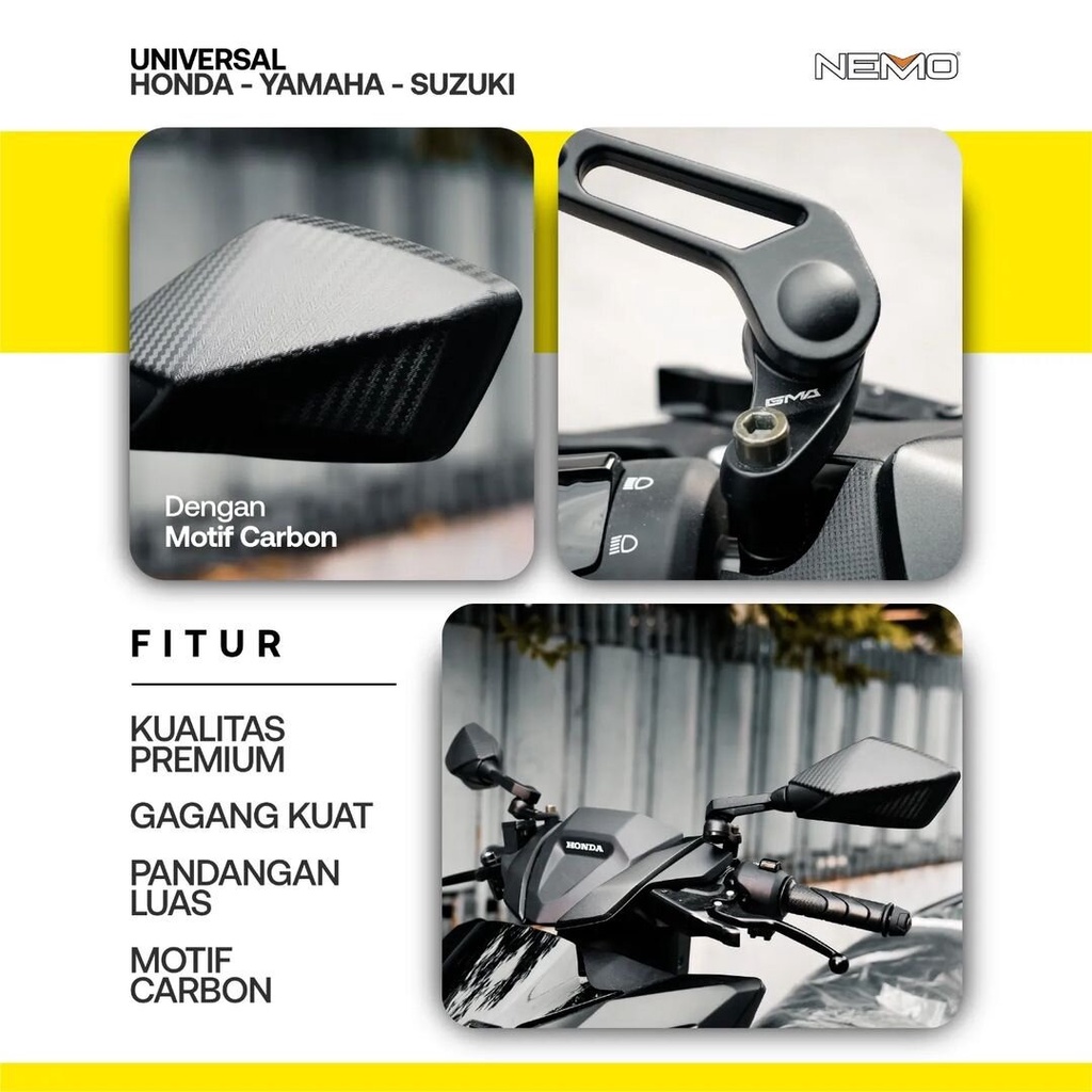 SEPASANG KANAN KIRI MIRROR MIROR SPION KACA SEPION PREMIUM DUCATI NEMO MAXI 1008 ALLOY MOTIF CARBON HITAM BLACK UNIVERSAL UK JUMBO PANDANGAN LUAS PCX NMAX N-MAX N MAX VARIO AEROX DLL ORI ORIGINAL GMA ASLI