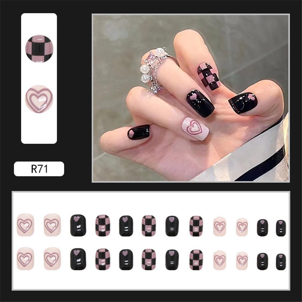 24pc/set Fashion Hitam Ungu Checker Wearable Nail Sweet Cool Love Shape Manicure Suit