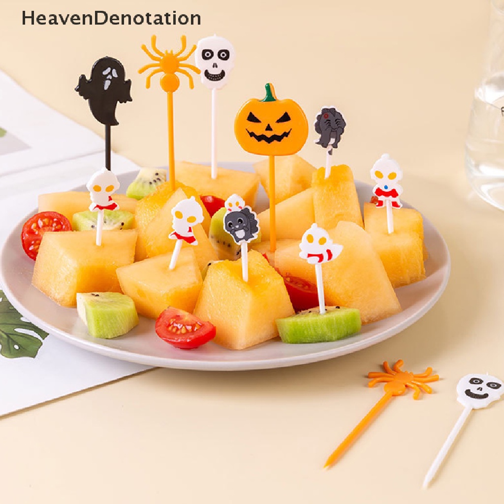 [HeavenDenotation] 6 / 10pcs Halloween Plastic Fruit Fork Kids Snack Dessert Decoration Cake Picks HDV