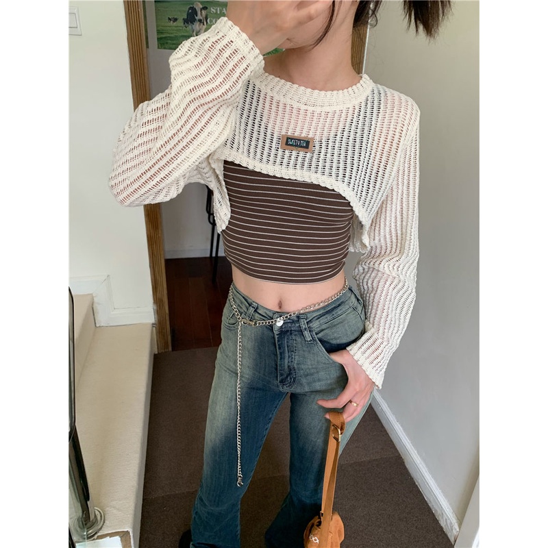 Red Hot girl style setelan dua potong trendi dan tipis temperamen berongga lengan panjang tabir surya rajutan blus musim panas kamisol bergaris wanita