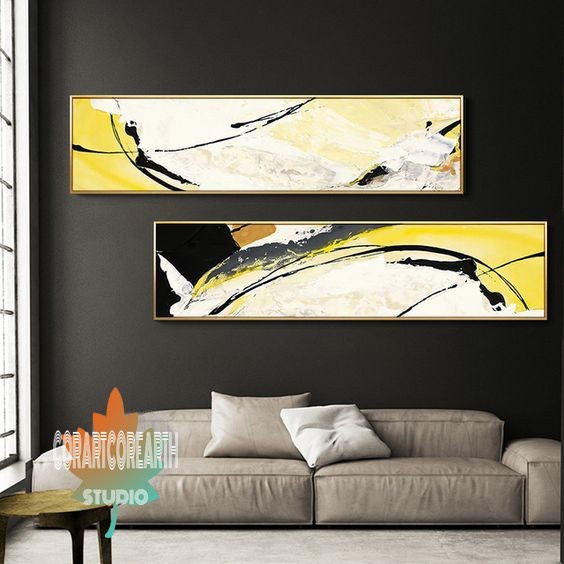 Lukisan Dinding Abstrak Black Yellow lukisan dinding kanvas minimalis modren dekorasi rumah kamar ae