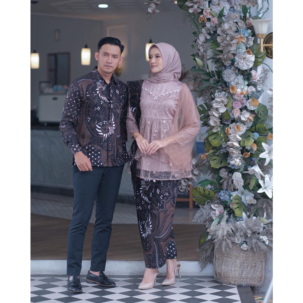 Kebaya Batik Couple Wisuda Modern Kebaya Tunangan Lamaran Baju Couple Kondangan Set Batik Brukat Terbaru