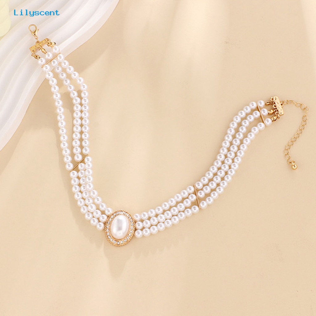 [LS] Wanita Choker Vintage Elegan Mengkilap Berlian Imitasi Bertatahkan Adjustable Dress Up Hadiah Wanita Mutiara Imitasi Klavikula Kalung Perhiasan Trendi