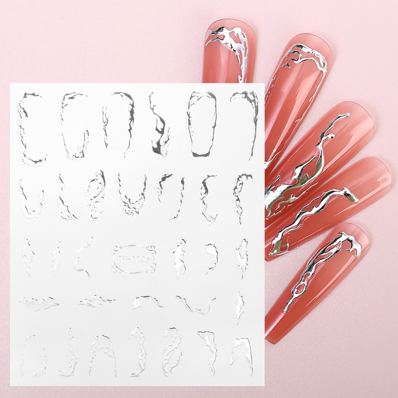 3d Logam Perak Emas Garis Bergelombang Stiker Kuku/Fashion Klasik Geometris Manicure Decal