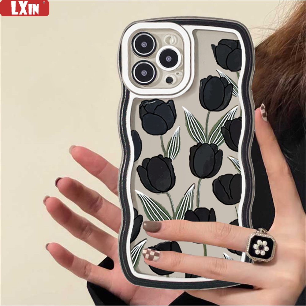 Casing Tulip Hitam OPPO A17 A57 2022 A15 A16 A16K A54 A12 A5S A7 A94 A93 A3S A11k A53 A31 A52 A92 A37 F9 A1K A76 A36 5F A9 2020 Wave Edge TPU Phone Case Cover