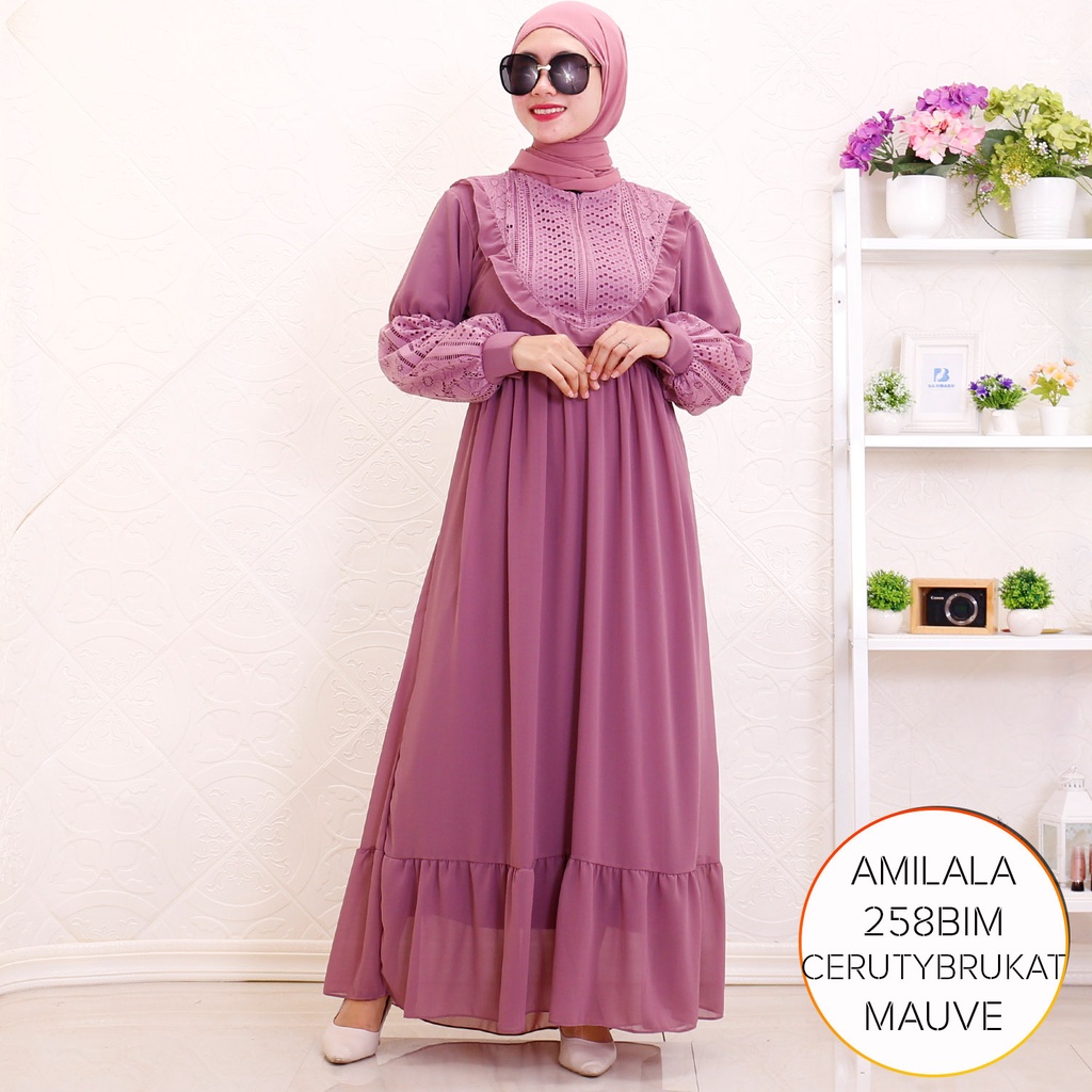 Gamis Busui Ceruty Brukat Ruffel Depan Lengan Balon Amilala D  2