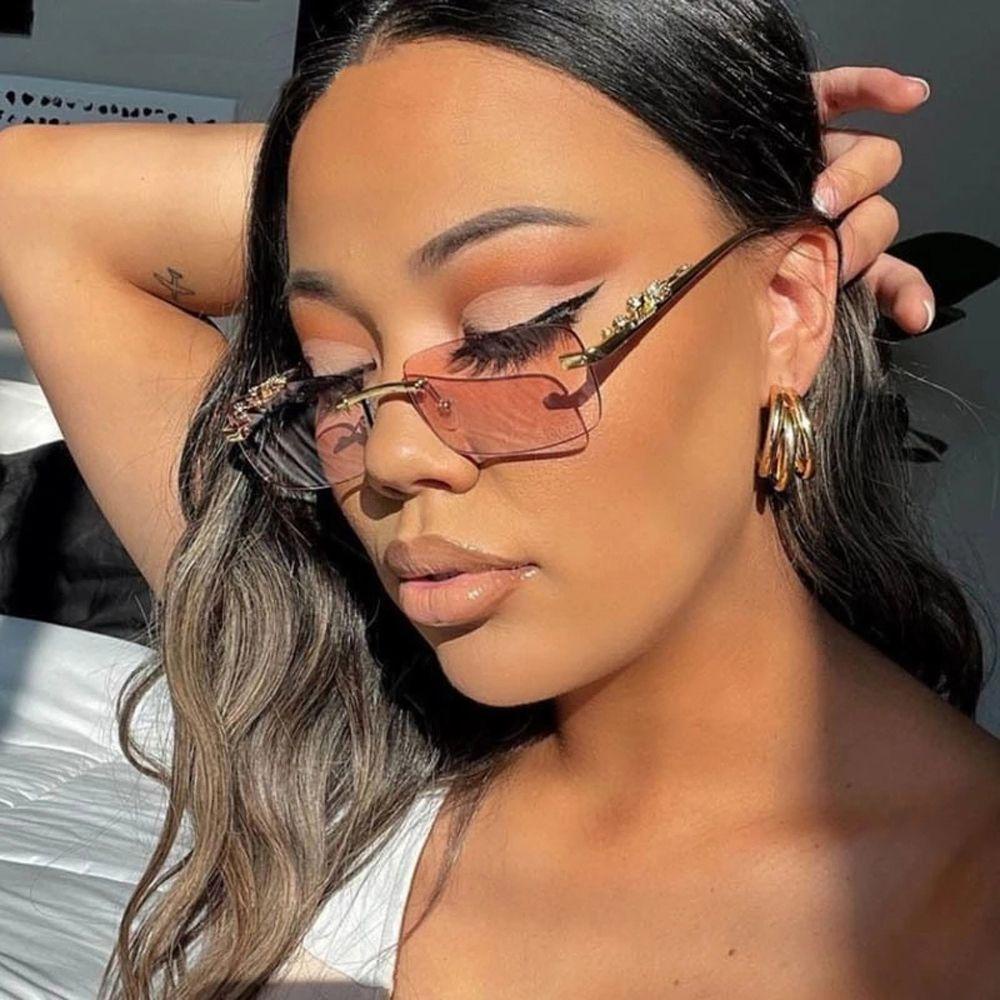 Retro Korea Kacamata Hitam Seaside Cheetah Dekorasi Frameless Glassese Anti UV400 Gradasi Square Shades Cutting Lens Elegan Luar Unisex