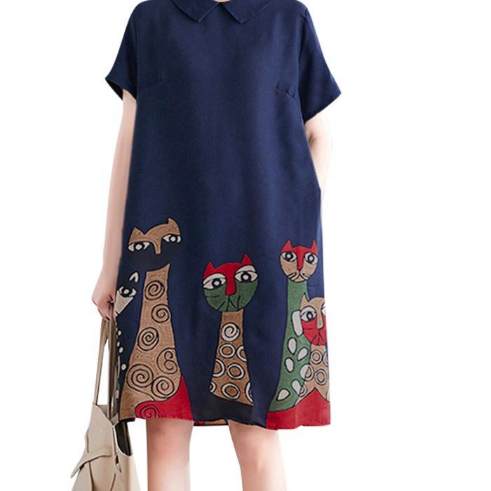 [cod]  ZANZEA Women Vintage Short Sleeve Turtleneck Animal Printed Midi Dress ,,
