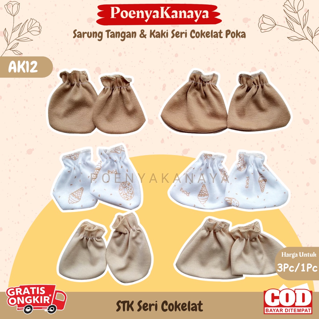 3set/1set Sarung Tangan &amp; kaki Katun Bayi Mitten Sartaki Seri COKELAT POKA AK12