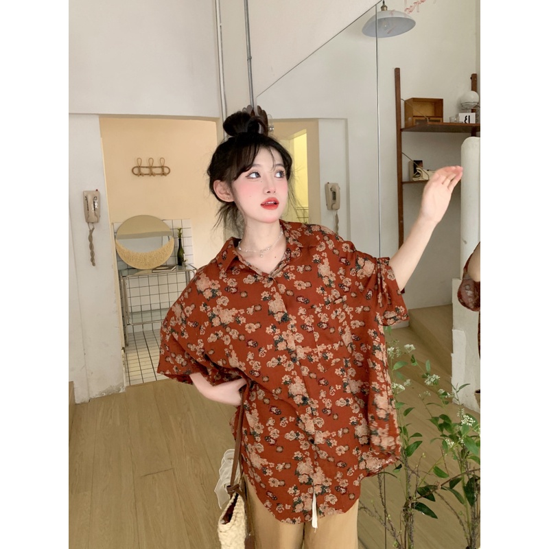 Kemeja Bunga Wanita Casual Lengan Pendek Kemeja Motif Pantai Style