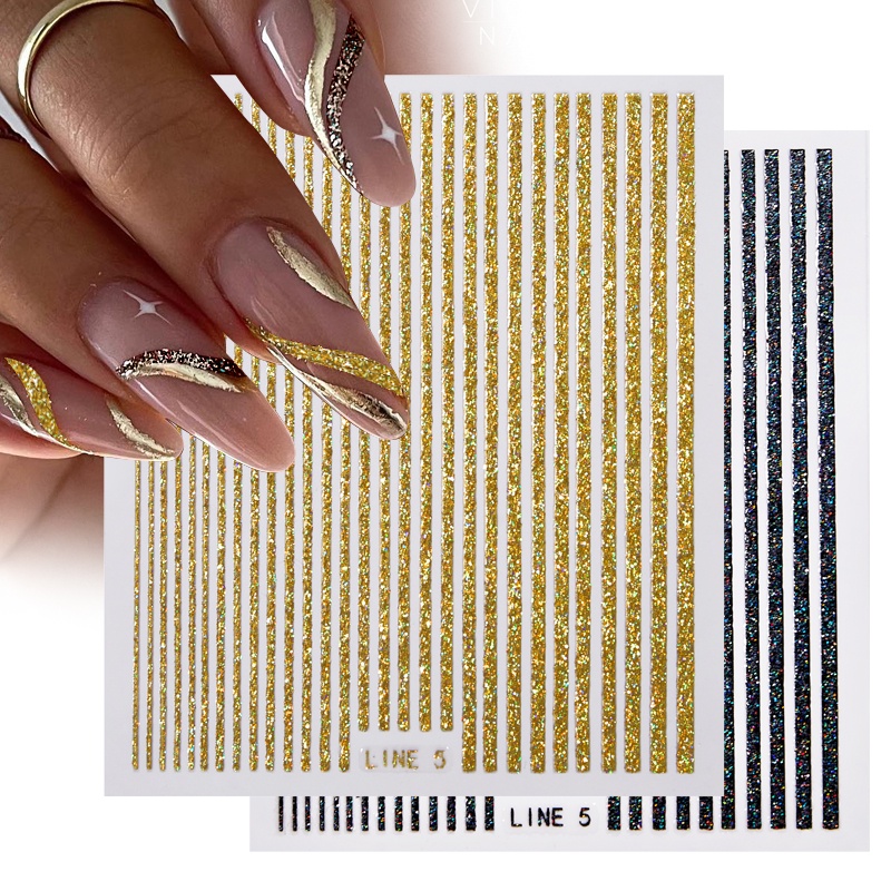 3d Garis Stiker Kuku Hologram Perak Rose Gold Logam Garis Huruf Decals Curve Gel Nails Art Sliders Manicure