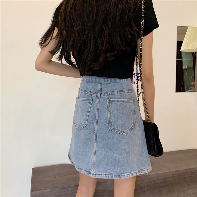 Biru Muda Rok Denim Rok Jeans Rok Pendek Fshion Wanita Pinggang Tinggi Skirt Korean Style Rok Vintage Simple