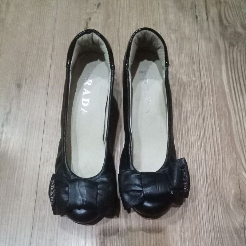 PRADA leather pantofel formal wedges bow kulit full black sepatu wanita hitam