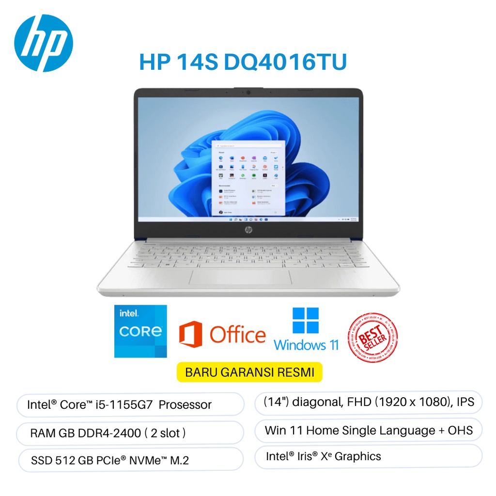 Laptop HP 14s-dq4016TU Intel® Core™ i5-1155G7 Ram 8 Ssd 512 Windows 11 + OHS Baru Garansi Resmi