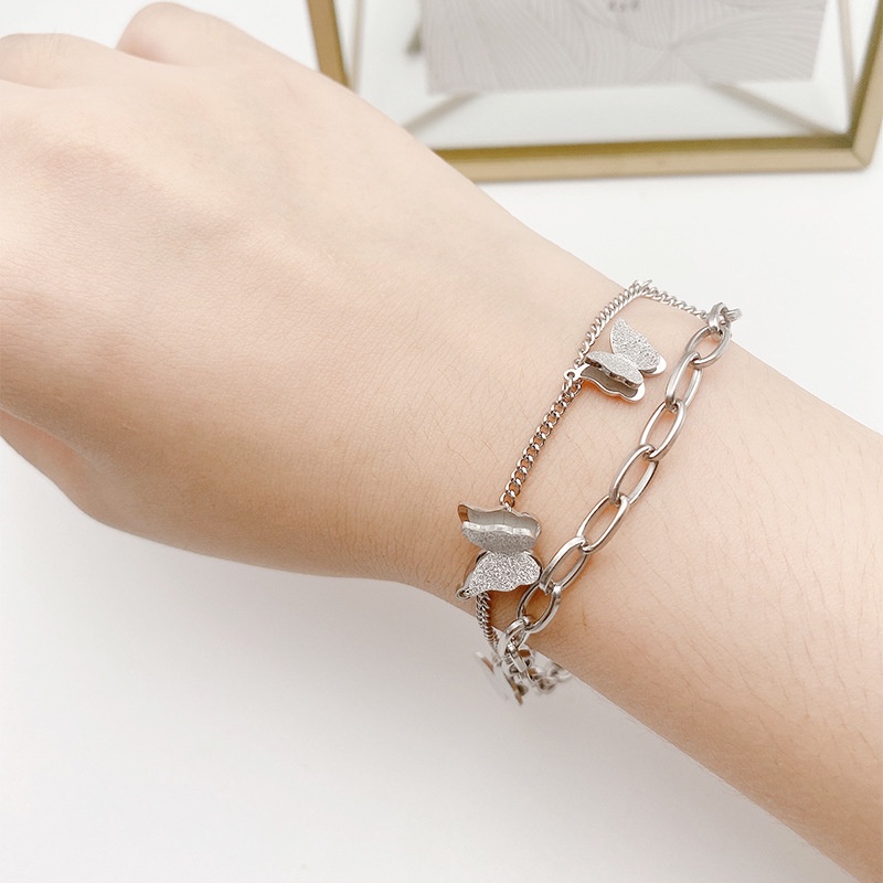 Gelang Rantai Butterfly Double Layer Bahan Titanium Steel Plated 18k Rose Gold Silver Tahan Air Gaya Eropa Amerika Untuk Wanita