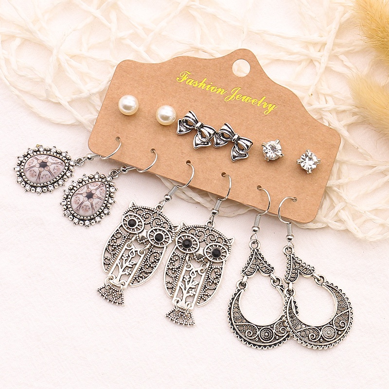 6pcs / Set Anting Kombinasi Bahan Alloy | Anting Bentuk Burung Hantu Dan Ular | Anting Bahan Stainless Steel | Aksesoris Wanita