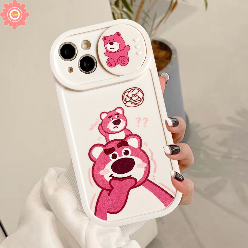 IPHONE Pasangan Strawberry Bear Manyo Winnie the Pooh Case Kompatibel Untuk Iphone11 7plus 13 12 Pro Max7 8 Plus XR X XS MAX Kartun Tarik Jendela Kamera Perlindungan Soft Cover