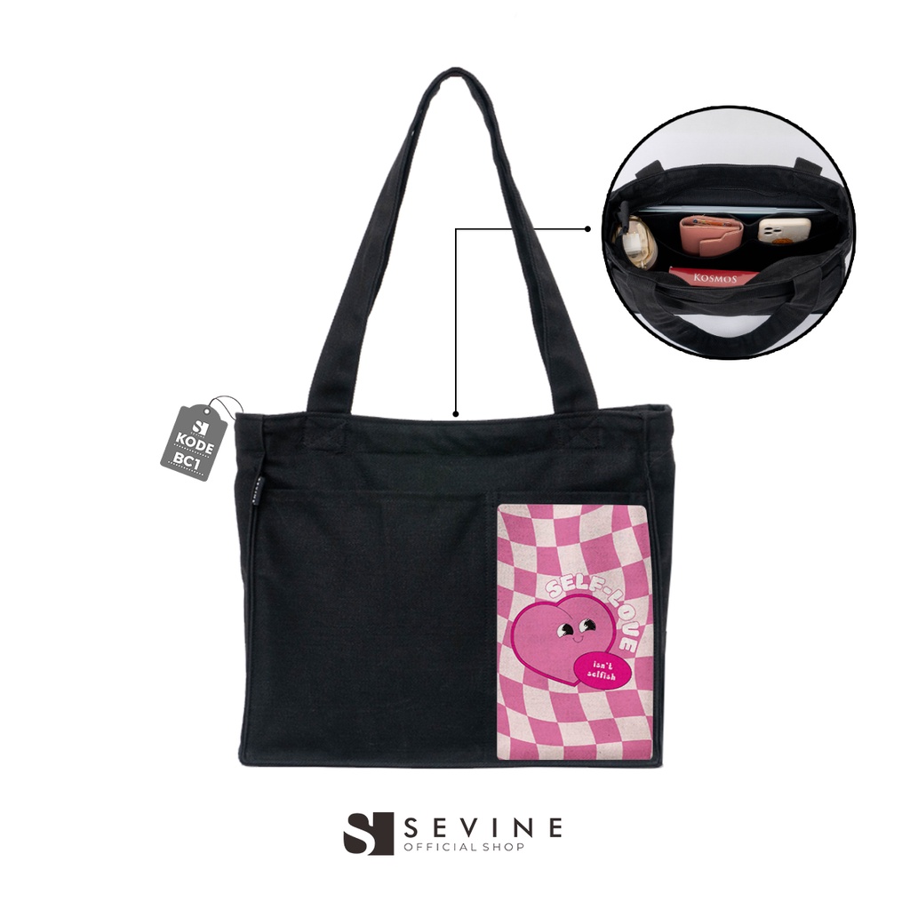 Sevine Totebag Kanvas Rebecca Tas Wanita Tote Bag Kuliah Sekolah Sekat Laptop Hitam Elegan Aesthetic - BC