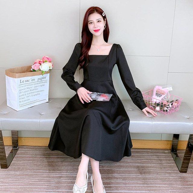 Rok Vintage Panjang U Neck Dress Lengan Panjang Korean Party Dress Square Neck