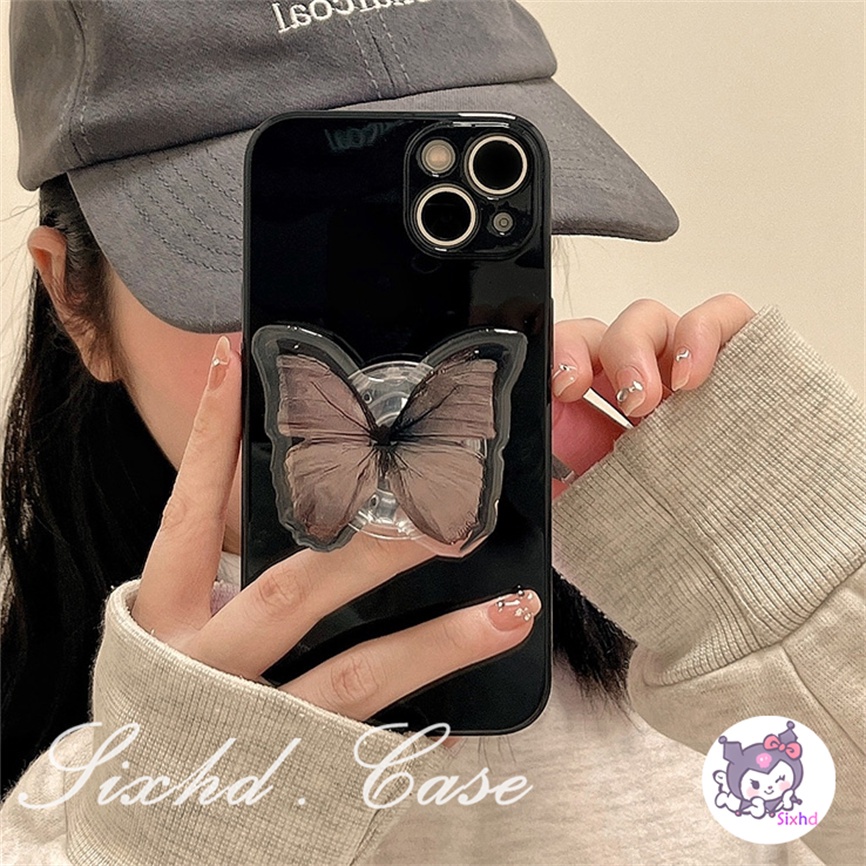 Ready Stock Fashion Fantasy Hitam Kupu-Kupu Bracket Phone Grip Ins Korea Holder Ring Lazy Bracket Kompatibel Untuk iPhone Android Universal Scalable Phone Stand Holder