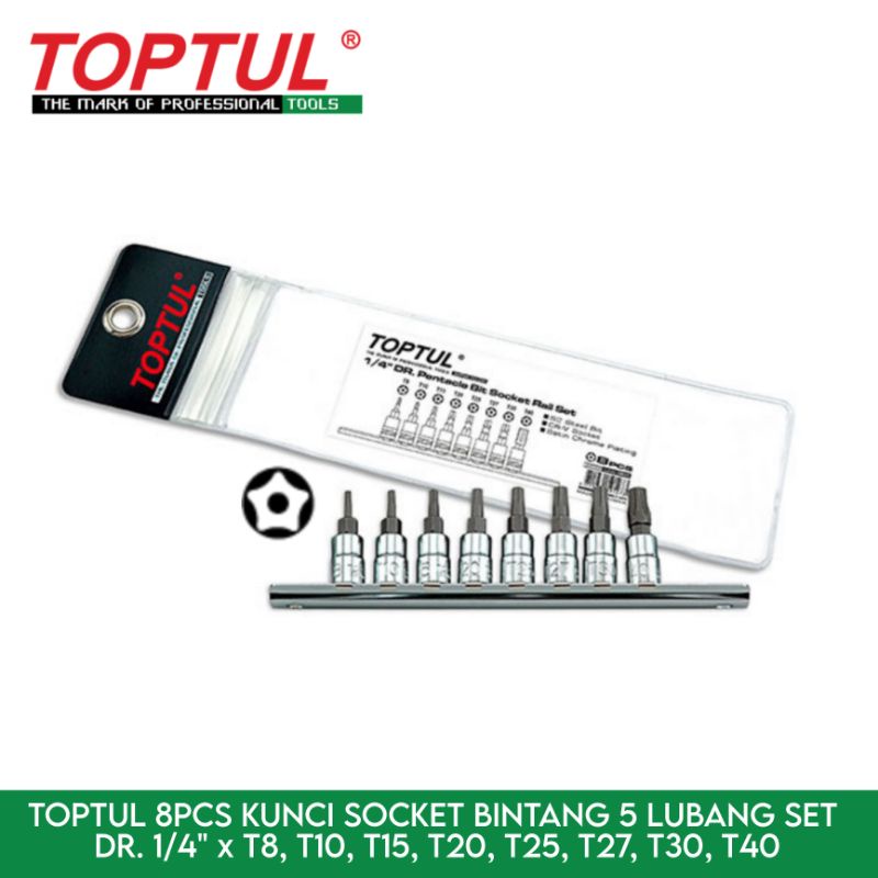 TOPTUL 8Pcs KUNCI SOCK SOK BINTANG 5 LUBANG SET DR. 1/4 x T8 - T40 PENTACLE BIT SOCKET TOPTUL GAAG08