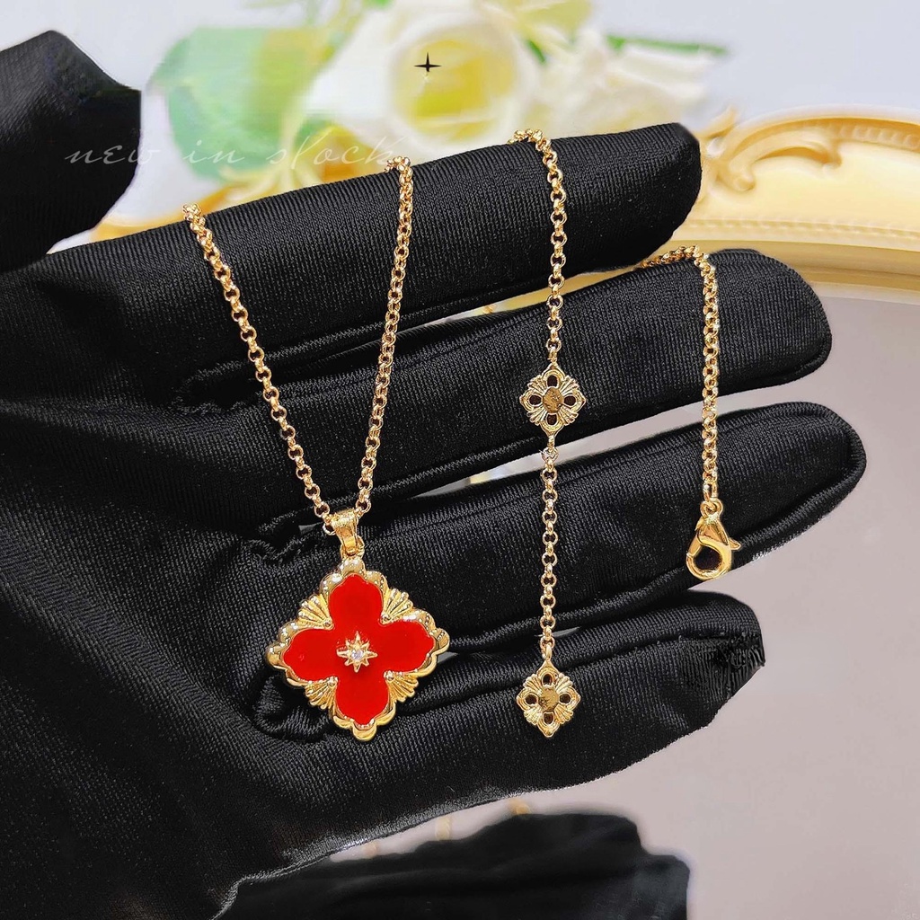 Goldkingdom Fashion Perhiasan Aksesoris Ready Stock Itali Burati Putih Fritillary Set French Vintage Four-leaf Clover Gelang Batu Akik Merah Kalung Cincin Telinga Giwang Perempuan