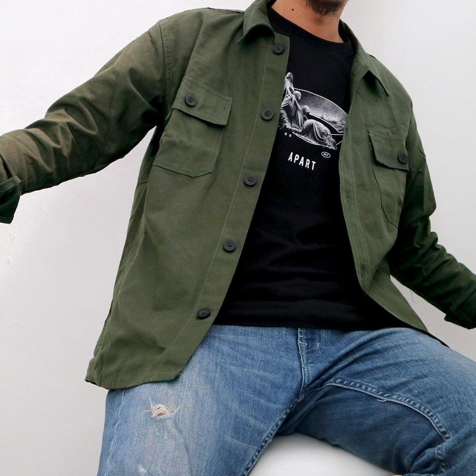 STOK TERBARU "ARTHUR" JAKET KANVAS / SEMI PARKA / JAKET TRUCKER KANVAS - 2 POCKET - GREEN ARMY