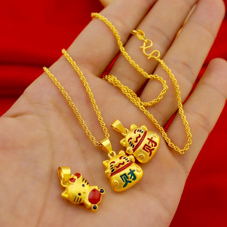 Goldkingdom Perhiasan Fashion Emas Asli Kadar 375Bangkok Aksesoris Ready Stock Drop Lem Kt Catwoman Gaya Berlapis Emas Padat Rejeki Kucing Liontin Kartun Kalung