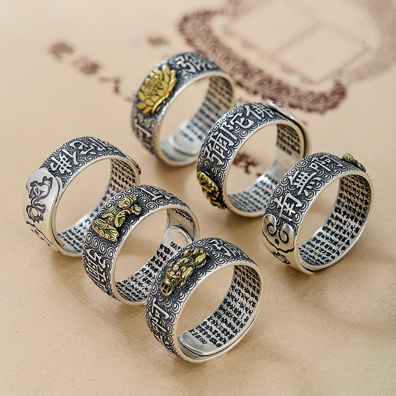 1pcs Cincin Tembaga Vintage Yang Dapat Disesuaikan Namo Amitabha Guardian Ring Antik Warna Perak Buddha Kepribadian Rings Retro Perhiasan Hadiah Untuk Wanita Dan Pria
