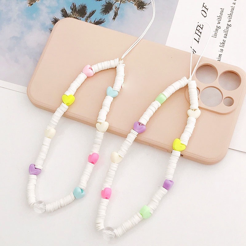 Rantai Manik-Manik Cinta Hati Clay Warna Permen Anti Hilang Tali Telepon Untuk iPhone Android OPPO VIVO Huawei Xiaomi Redmi Samsung Semua Ponsel Earphone Cover