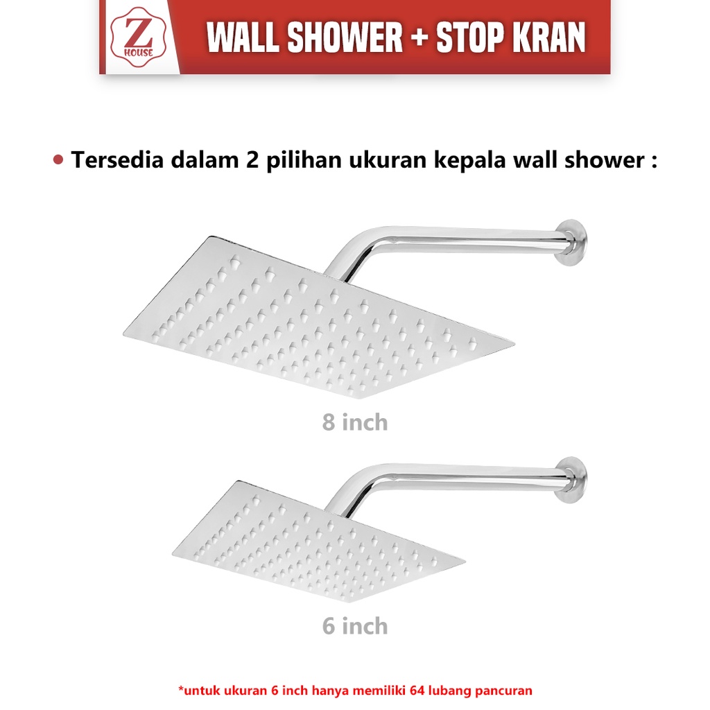 WALLSHOWER TEMBOK MINIMALIS + STOP KRAN/ WALL SHOWER MANDI SET 6*8 INCI STAINLESSSTEEL/ SHOWER TANCAP +WALLSHOWER KEPALA /SHOWER MANDI SETDINDING