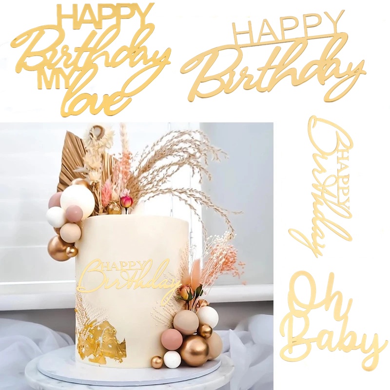 Ins Desain Sederhana Kreatif Happy Birthday Dekorasi Kue Emas Akrilik DIY Festival Pesta Cupcake Toppers Untuk Dekorasi Dessert Baby Shower